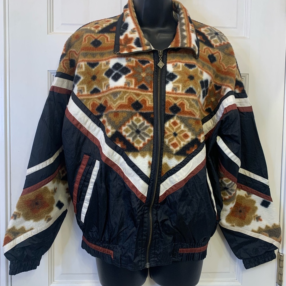 Vintage East West Aztec Black, white, brown zip up fleece wind breaker